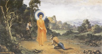 Buddha überwindet einen grausamen Mann angulimala, der den rechten Zeigefinger der Reisenden Buddhismus abgeschnitten Ölgemälde